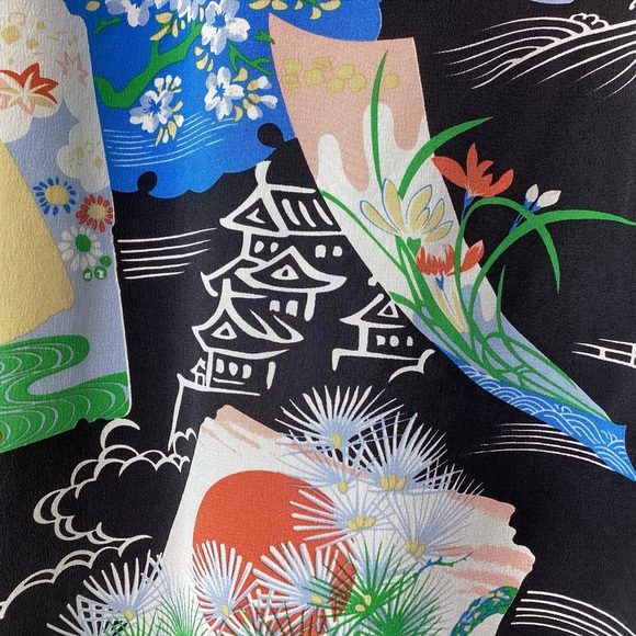 Vtg Avanti Silk Hawaiian Shirt Black Pagoda Med - Picture 8 of 11